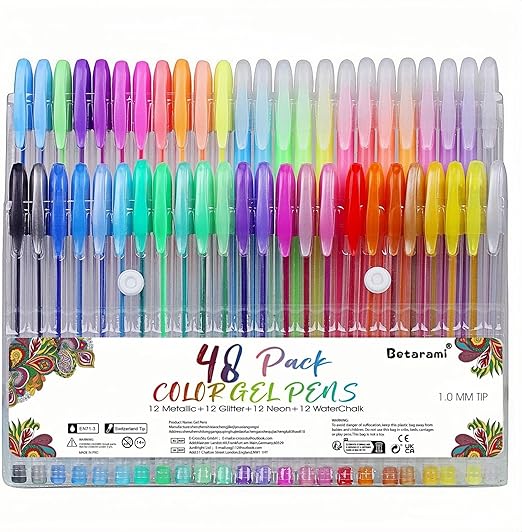 48 Pcs Coloring Gel Pens, Including 12 Glitter, 12 Metallic, 12 Neon, 12 Water Chalk, Color Pen for Coloring Books,Drawing