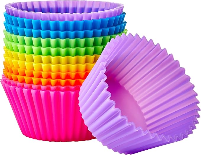 Amazon Basics Round Reusable Silicone Baking Cups, Pack of 12 (Oven-safe up to 220 degrees Celsius), Multicolor