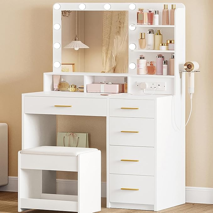 Hzuaneri Dressing Table with 3-Colour LED Adjustable Brightness, Vanity Table with Plug and Large Mirror, Stool and Hairdryer Holder, 6 Open Storage Areas, 90 cm desktop, White DT39003X