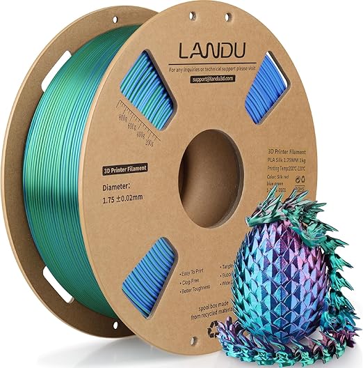 LANDU Silk Tri-Color PLA Filament 1.75mm 1Kg, Triple Color Silk PLA Filament, Rainbow PLA Filament, Neatly Wound 3D Printer Filament, 3 in 1 Multi Color Filament +/-0.02mm, Red Blue Green