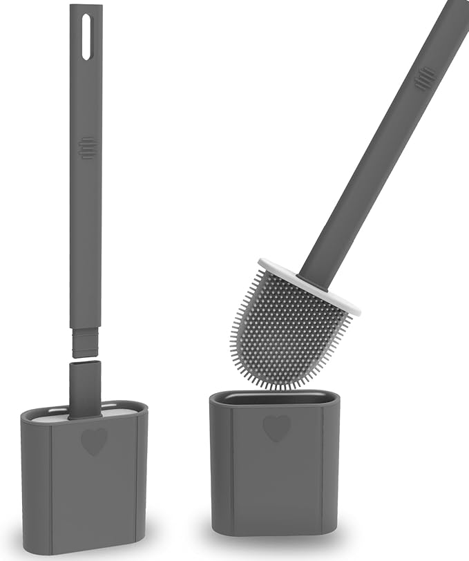 2 Pack Toilet Brush, Bathroom Silicone Toilet Brushes and Holder Sets with No-Slip Long Plastic Handle and Soft Flexible Bristles, Toilet Brushes with holders and Base for Anti-drip (Grey)