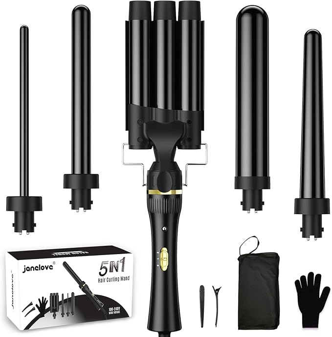 janelove Hair Curler 5 in 1 Curling Wand Set with 3 Barrel Hair Waver and 4 Interchangeable Ceramic Curling Iron 10-32mm for Long Medium Short Hair