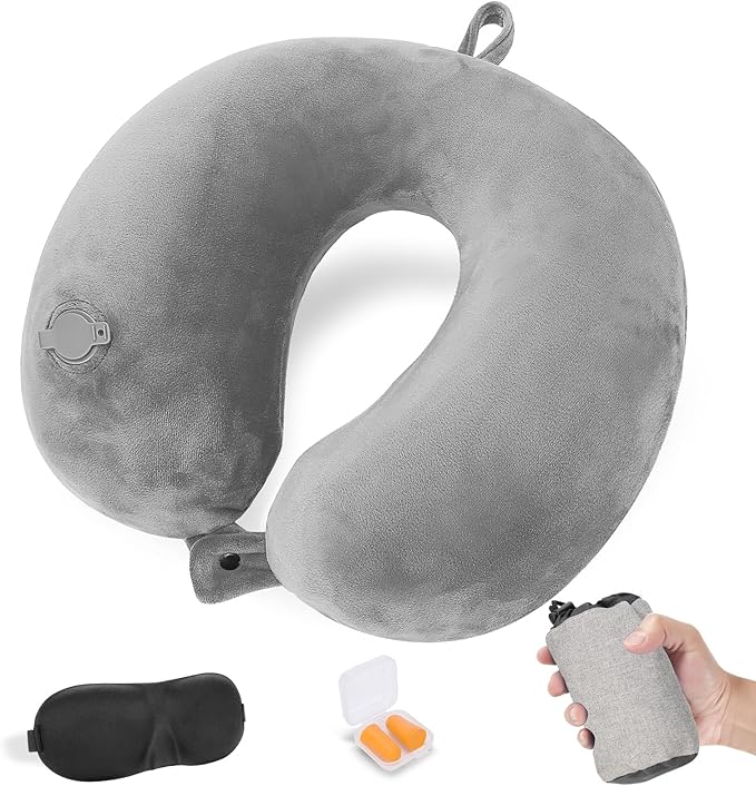 Inflatable Travel Pillow, Blow up Neck Pillow for Travel, Compact Travel Neck Pillows for Adults, Lightweight Inflatable Travel Pillow for Airplane with Eye Mask and Earplugs, Grey