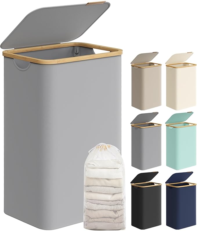 SONGMICS Slim Laundry Basket with Lid, 90L, Space Saving, Removable Mesh Lining, Oxford Fabric, Bamboo Handles, Foldable, 42 x 32 x 70.5 cm, Dove Grey LCB509G01