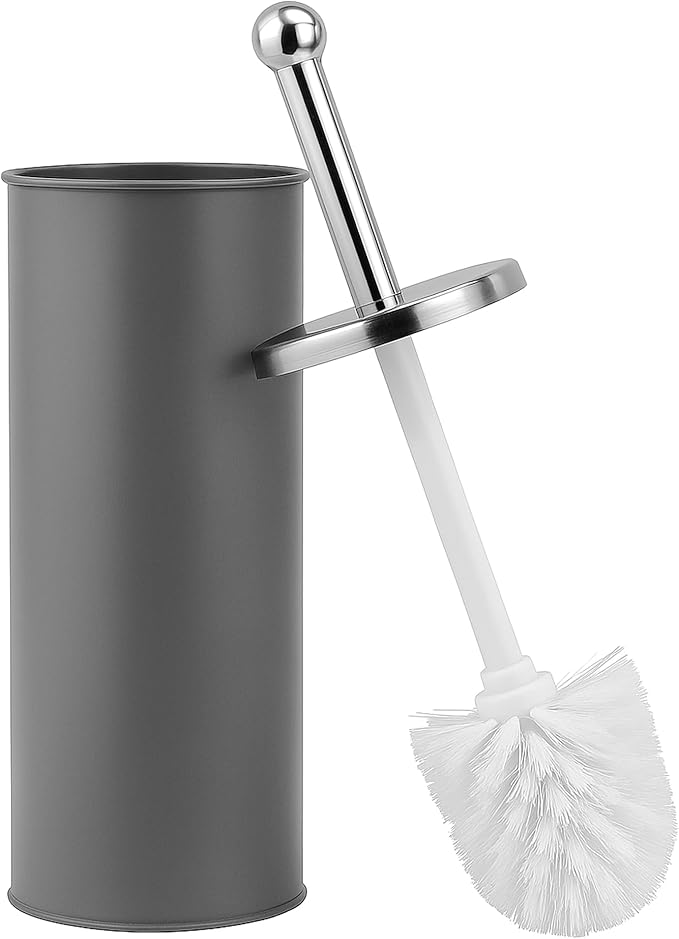Bristles Premium Toilet Brush & Holder Set – Compact Round Lid Design with Dense Bristles, Stainless Steel Handle & Inner Drip Cup – Durable Bathroom Cleaning Solution (Grey)