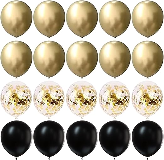 20pcs 12 Inches Gold and Black Balloons Set, 10 x Metallic Balloons, 5 Confetti for Wedding Anniversary Baby Shower Birthday Party