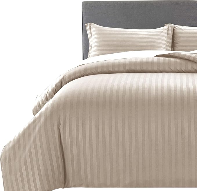 MOONLIGHT20015 Double Duvet Set Reversible Stripes Satin Double Bedding Set with 2 Pillowcases Soft Hypoallergenic Duvet Cover (Beige 200x200 CM)