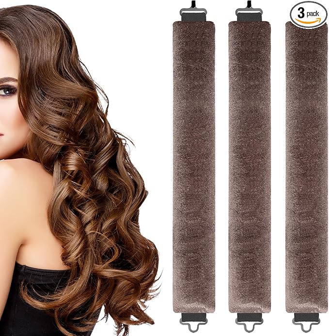 3 Pcs Heatless Curlers Headband Hair Styling Set - No Heat Blowout Rods for Long Short Wavy Hair DIY Styling (Brown)