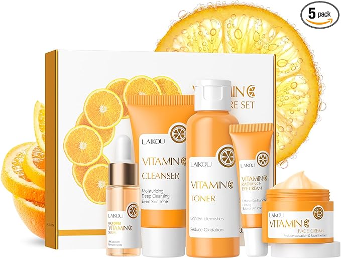 LAIKOU Skincare Set, Vitamin C Serum for Face Skin Care Sets & Kits - Cleanser, Toner, Serum, Eye Cream & Face Cream, Facial Care Kit for Radiant Skin, Anti Aging Gift Set for Women Teenage Girls 5pcs