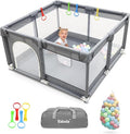 Kidoola Baby Playpen with Padded Frame & Mesh Walls, Balls & Pull Rings Included, for Indoor & Outdoor Use, Toddler Fence - Breathable Mesh, Extra Large Play Yard for Babies (127x127x65cm) (Grey)