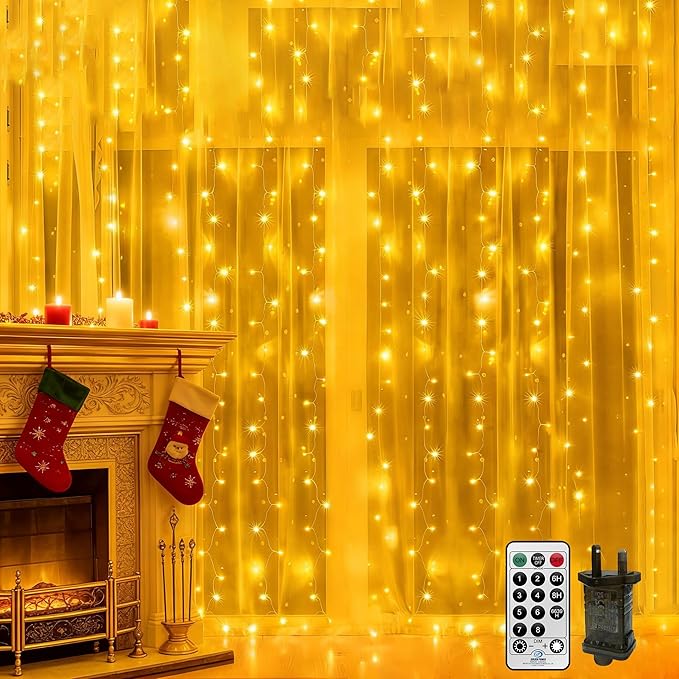 2MX2M Curtain Lights Mains Powered,Backdrop Window Curtain Fairy Light Plug in,Hanging Waterfall Lights for Room,Linkable,204 LED,Remote,Timer,Waterproof for Wall Gazebo Xmas(Warm White)[Energy Class F]