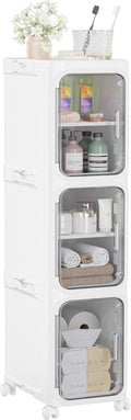 HOMIDEC Bathroom Storage, 3 Tier Narrow Bathroom Cabinet with Wheels and Removable Shelf, Slim Bathroom Storage Unit Free Standing for Toilet Roll, Towel, Shower, Clear Smoke