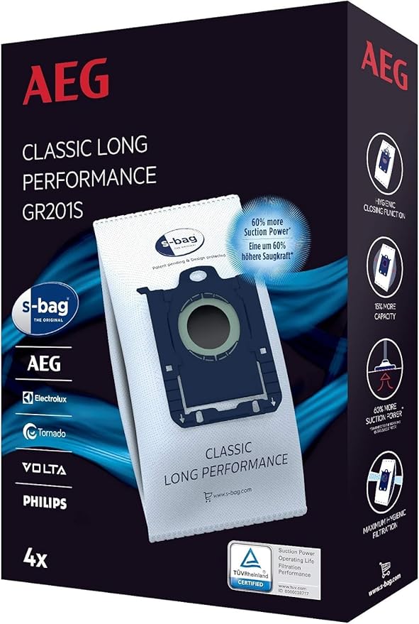 AEG Cylinder S-Bag, 4 x Dust Bags For Vacuum Cleaner, GR201S, Lasts 50% Longer, High Filtration Efficiency, Hygienic Closing Function