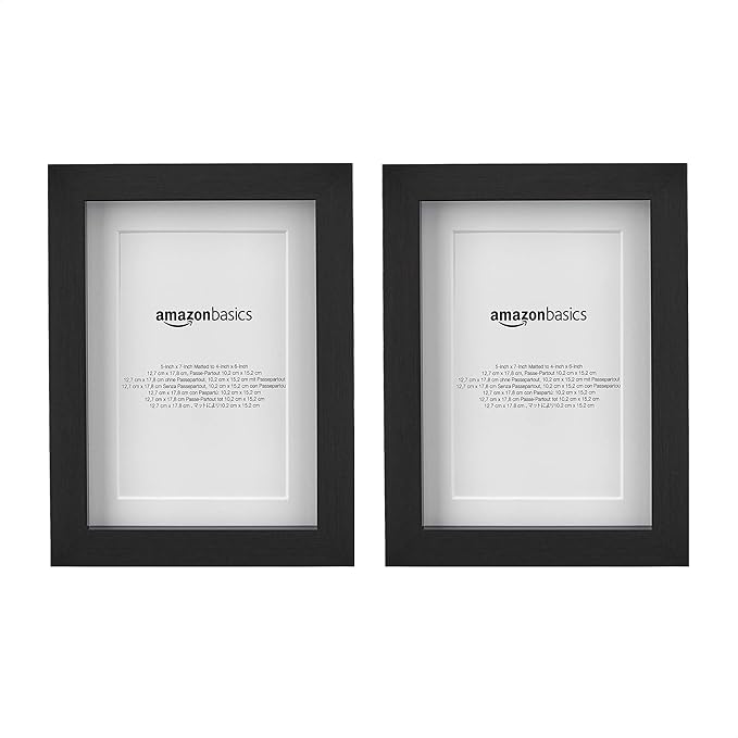 Amazon Basics Rectangular Photo Frame with Mat, 13 cm x 18 cm matted to 15 x 10 cm, 2-Pack, Black