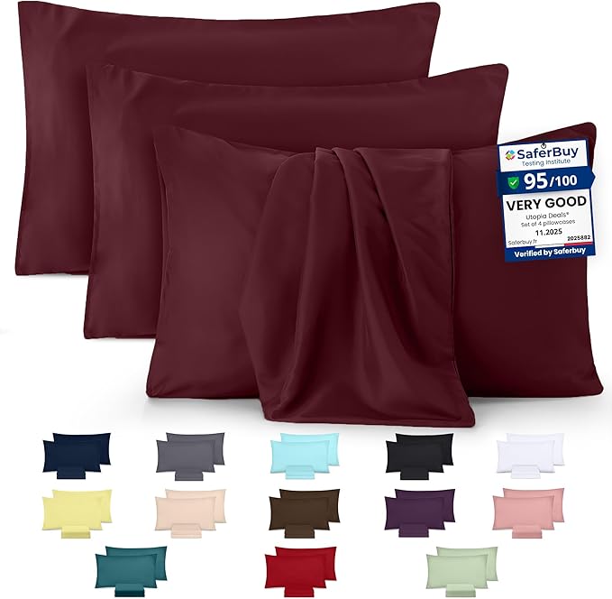 Utopia Bedding - 4 Pack Pillow Cases - OEKO-TEX - Standard Size 50x75 cm - 100% Brushed Microfiber Pillowcases with Envelope Closure, pillows not included - Wrinkle, Fade, & Stain Resistant - Burgundy