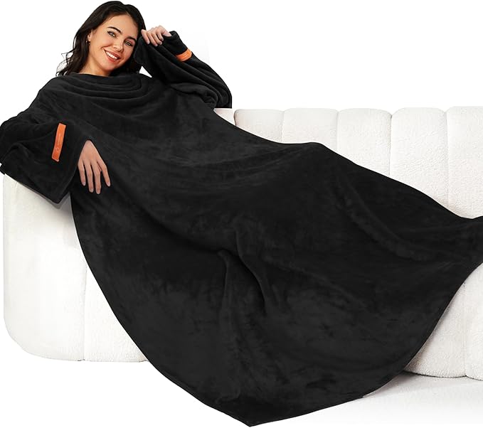 Winthome Blanket with Sleeves, Gift for Women Men Adult, Soft and Cozy Wearable Blanket with Elastic Cuffs, Hook and Loop Fastener (Black, 140x180cm)
