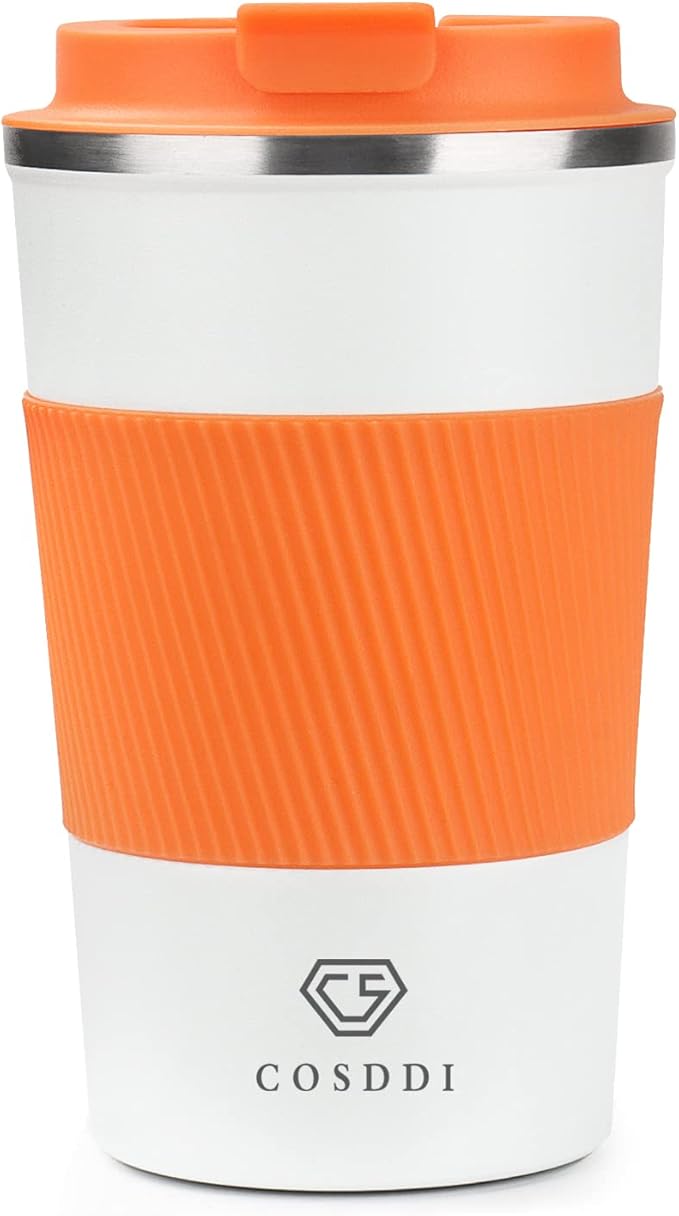 CS COSDDI Travel Mugs, Insulated Cup With Leakproof Lid - Reusable Travel Mug - Car Cup - Stainless Steel Mug for Hot and Cold Coffee, Water and Tea (Orange White, 380 ml)