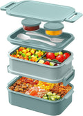 WayEee Lunch Box Adults,2130ml Large Capacity Bento Lunch Box with Compartments, 3 Layers Leak-Proof Bento Box for Office, School(Green)