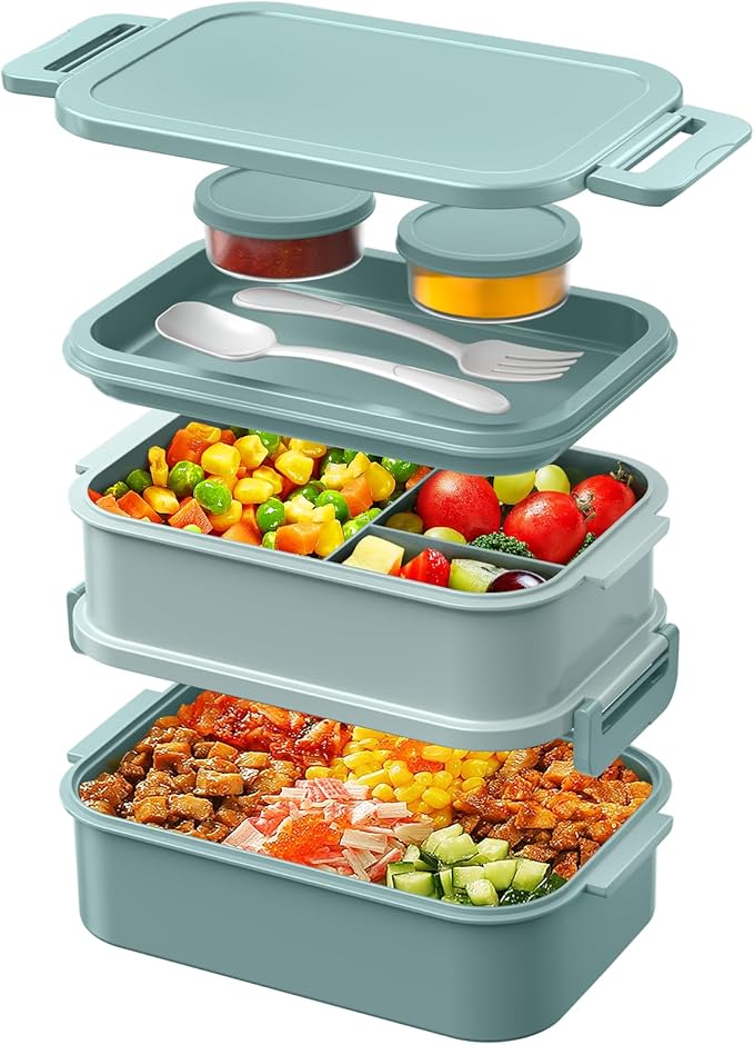 WayEee Lunch Box Adults,2130ml Large Capacity Bento Lunch Box with Compartments, 3 Layers Leak-Proof Bento Box for Office, School(Green)