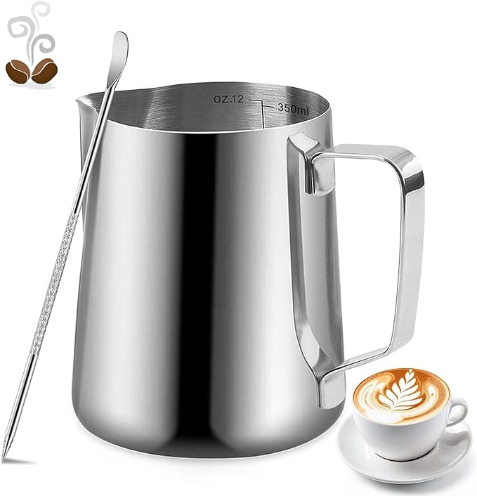 Milk Frothing Pitcher, 350ml/12oz Milk Jug for Coffee Machine, Stainless Steel Pitcher with Measurement Mark and Decorating Pen for Making Latte Art and Cappuccino, Suitable for Coffee Lovers, Silvery