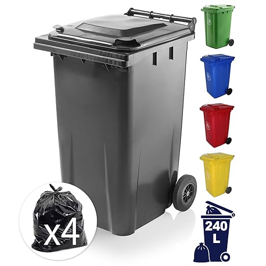 Outdoor Wheelie Bin for Household Waste Recycle Trash and Rubbish 240L Litre Small Council Size Black/Grey with Rubber Wheels