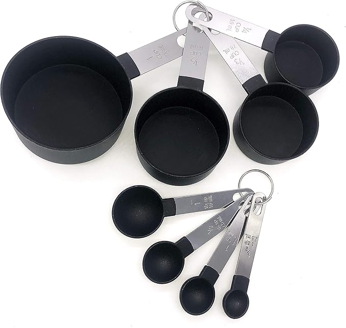 FONYA 8-Piece Black Measuring Tools - Nylon, 4 Measuring Cups / 4 Measuring Spoons with Metal Handles for Liquids and Solids