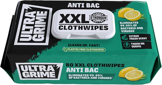 UltraGrime Antibac Clothwipes 80 Pack Extra Large Wipes - Antibacterial Cleaning Cloths For All Home Surfaces - Bigger. Wetter. Stronger.