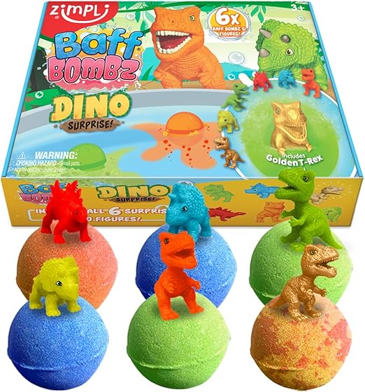 ZIMPLI - 6 x Large Dino Surprise Bath Bombs, 6 Surprise Dinosaur Toys Included, Boys Bath Toys, Christmas & Birthday Gifts, Baff Bomb Present for Kids