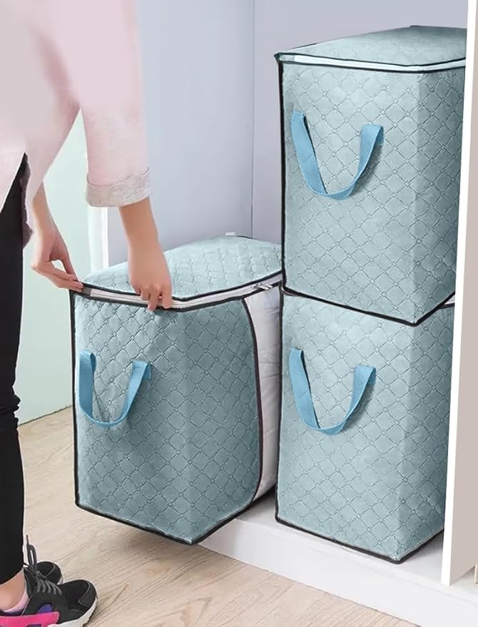 3-Pack Heavy-Duty Storage Bags with Zipper | Waterproof Moving & Travel Storage Organizers | Foldable Reinforced Handles for Clothes, Bedding,Blankets | Space-Saving,Vertical Style,Light Blue