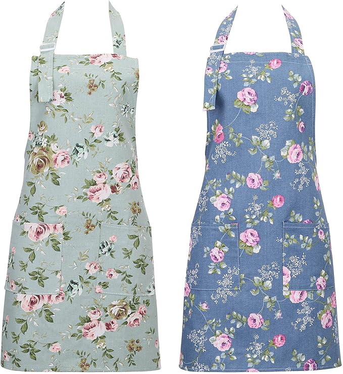2 Pack Kitchen Aprons for Women, Adjustable Floral Aprons Chef Bakers Apron Cooking Apron with Big Pockets for Cooking Baking Gardening (Flowers)