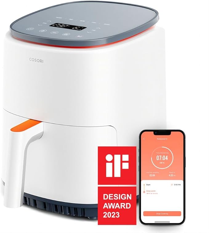 COSORI Air Fryer, 3.8L with 7 Customize Functions, Up to 230℃, 1500W, 1-3 Portions, Oven with App Control, 110+ Online Cookbook, Dishwasher Safe, White
