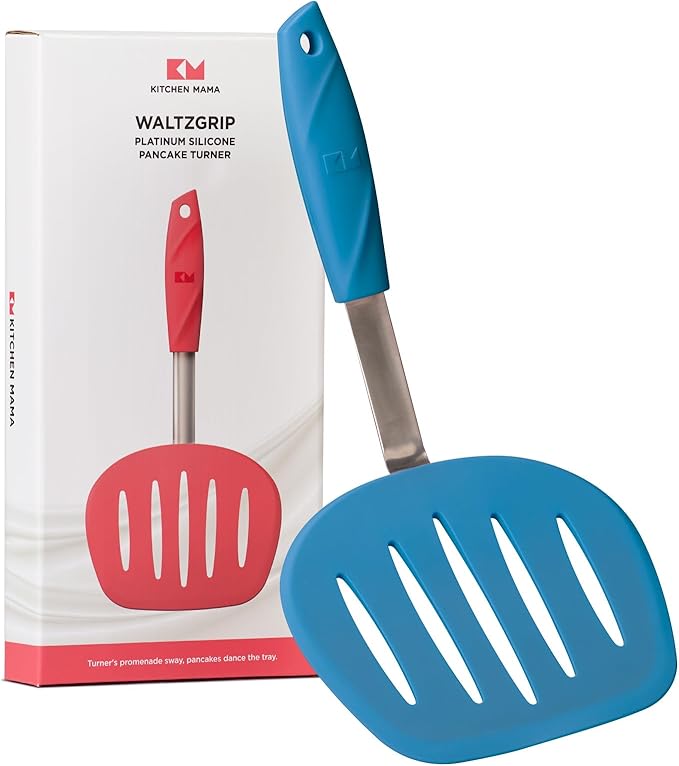 Kitchen Mama WALTZGRIP Platinum Silicone Pancake Spatula Turner: Heat-Resistant, Wide Slotted Tapered Head Stainless Steel Core. Durable, Dishwasher-Safe, Flipping Cooking Needs, Wok Use (Blue)