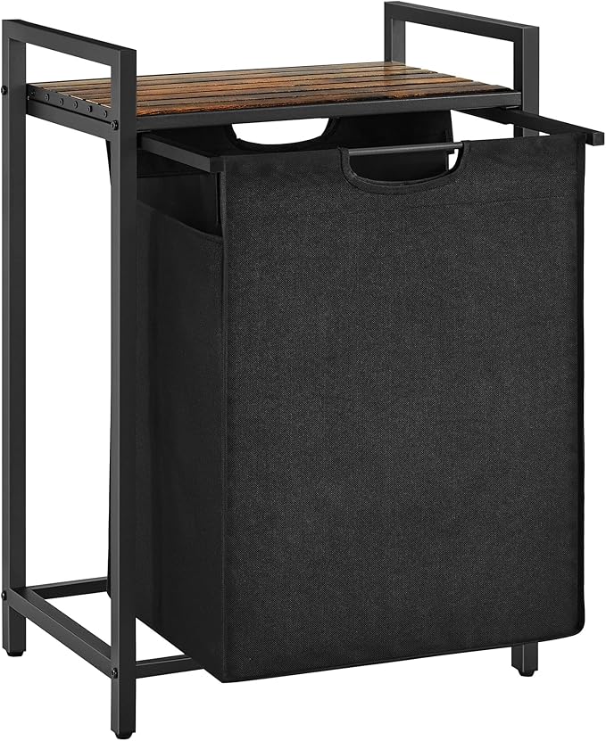 VASAGLE Laundry Basket, Laundry Hamper, Pull-Out and Removable Liner Bag, Shelf, Metal Frame, 65 L, 50 x 33 x 72 cm, Ink Black and Rustic Brown BLH101B01