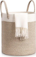 Laundry Basket, Toy Storage Basket for Kids Baby, Large Foldable Woven Storage Baskets Cotton Rope Blanket Baskets with Handle,Organiser Nursery Decor Laundry Hamper, Khaki+White (35x40cm)