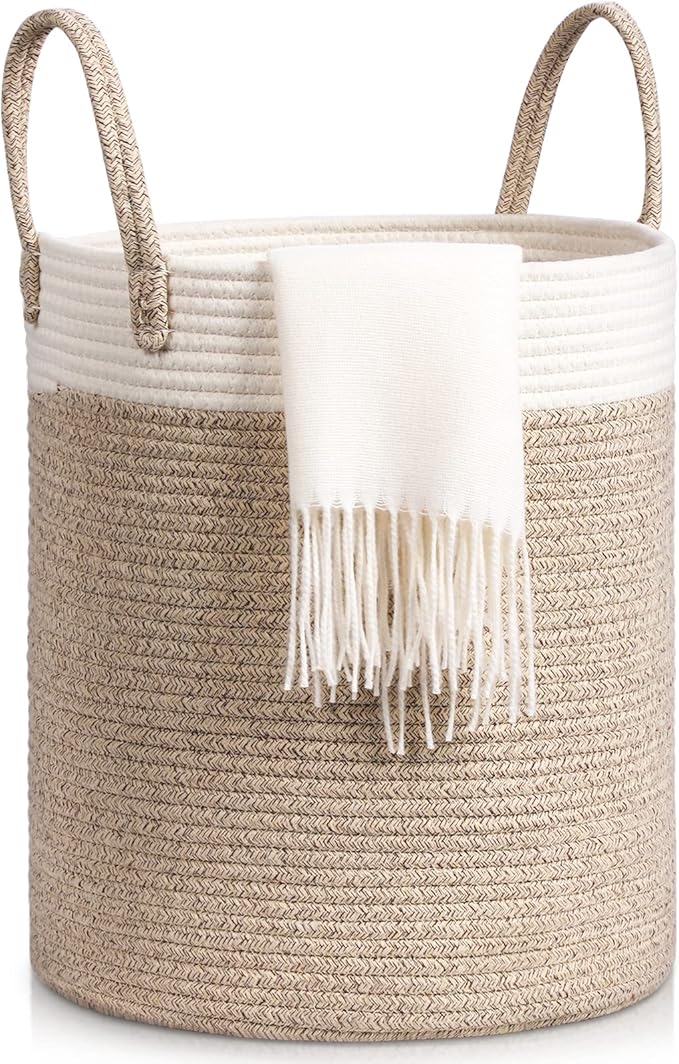 Laundry Basket, Toy Storage Basket for Kids Baby, Large Foldable Woven Storage Baskets Cotton Rope Blanket Baskets with Handle,Organiser Nursery Decor Laundry Hamper, Khaki+White (35x40cm)