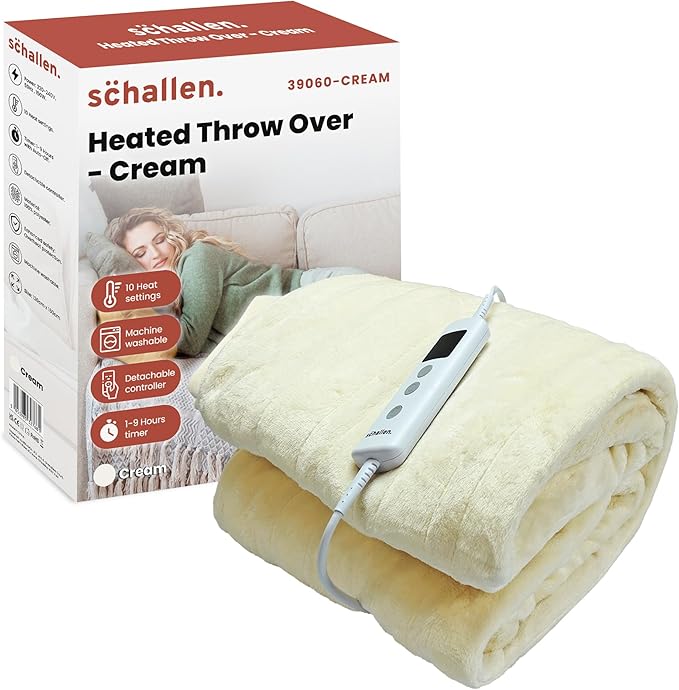 Schallen 120x160cm Soft Heated Warm Throw Over Blanket with Timer and 10 Heat Settings (cream)