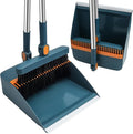 HPCORA Long Dustpan and Brush Set, Windproof Vertical Extension Pole Handle Rotatable Broom Set Dustpan Set (Blue)