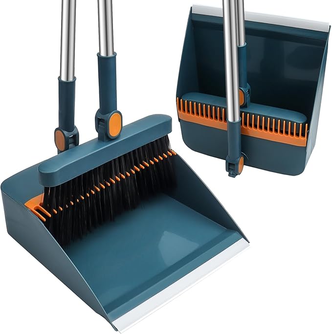 HPCORA Long Dustpan and Brush Set, Windproof Vertical Extension Pole Handle Rotatable Broom Set Dustpan Set (Blue)