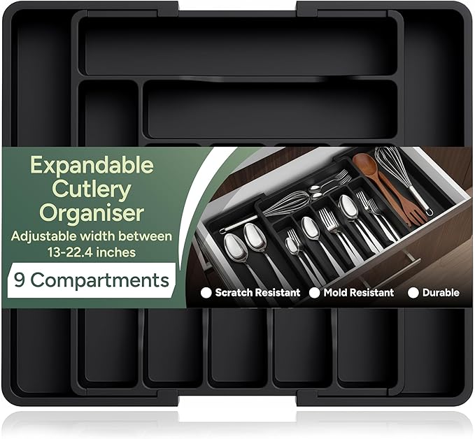 Zuvo Expandable Large Plastic Cutlery Organiser - Black Tray for Kitchen Utensils - Perfect for Large Drawers