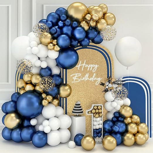 Blue and Gold Balloon Arch Kit - 102Pcs Birthday Kit With Metallic Gold, White, Navy Blue Latex Balloons 18 12 10 5 Inch for Baby Shower Party Decorations