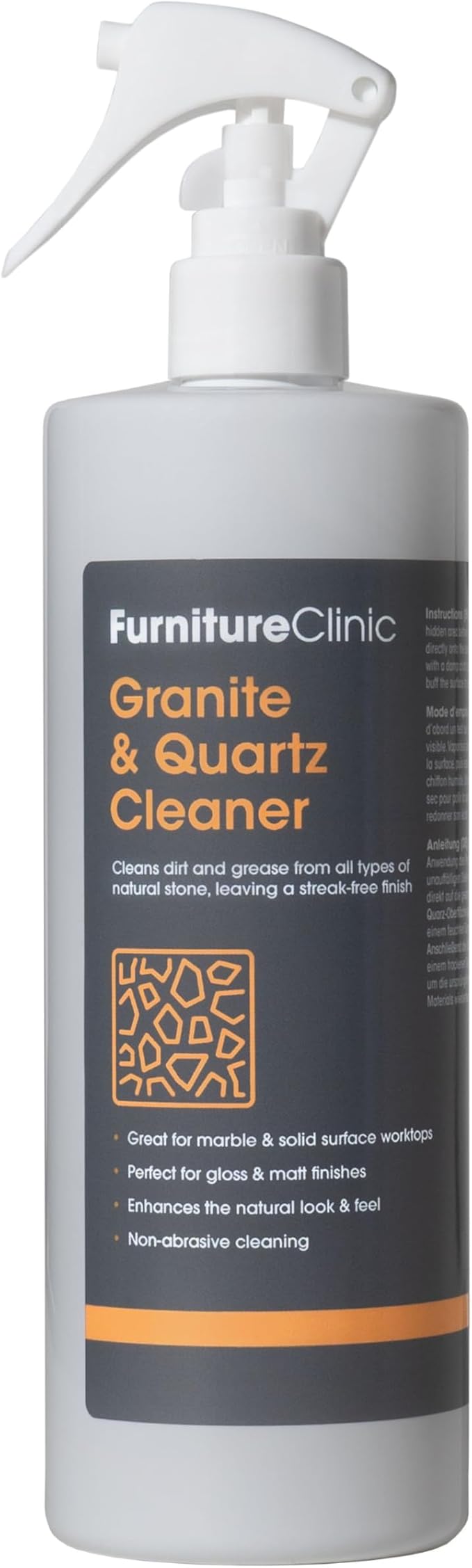 Furniture Clinic 500ml Granite & Quartz Spray Cleaner for Kitchen Worktops & Sinks - Non Abrasive Cleaning & Streak Free Finish - Dirt & Grease Remover - Clean Black or White Marble Stone Worktop