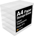 WestonBoxes A4 Plastic Craft Storage Boxes with Lids for Art Supplies, Paper and Card - 3.6 Litre Volume (Clear, Pack of 5)
