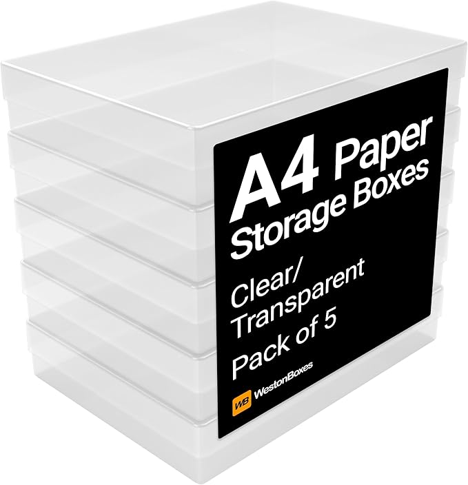 WestonBoxes A4 Plastic Craft Storage Boxes with Lids for Art Supplies, Paper and Card - 3.6 Litre Volume (Clear, Pack of 5)