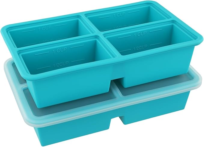2 Pack Extra Large Soup Containers for Freezing, Silicone Cube Soup Freezer Mould with Lid, Meal Prep Soup Storage Containers, Large Ice Cube Tray for Sauce, 4-Compartment Freezer Container,Blue