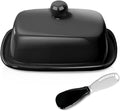 Ceramic Butter Dish with Lid and Handle, Home Ceramic Butter Dish with a Butter Spatula for Countertop, Porcelain Health Dishwasher Safe, Black