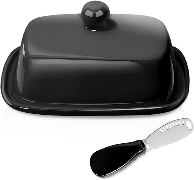 Ceramic Butter Dish with Lid and Handle, Home Ceramic Butter Dish with a Butter Spatula for Countertop, Porcelain Health Dishwasher Safe, Black
