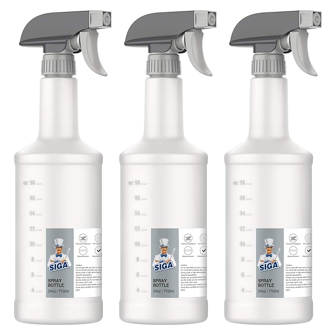 MR.SIGA 24 oz Plastic Spray Bottles for Cleaning Solutions, HDPE Commercial Grade Refillable Water Spray Bottle with Measurements and Adjustable Leak Proof Nozzle, 3 Pack