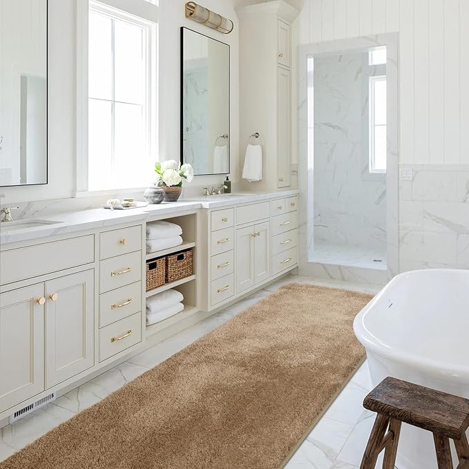Beige Bath Mat, Large Shaggy Shower & Tub Runner Rug, Non-Slip, Machine Washable, Absorbent, Soft Plush Floor Mat for Hallway, Kitchen, Entryway, Laundry, Bedside, Patio Door, 60 x 120 CM