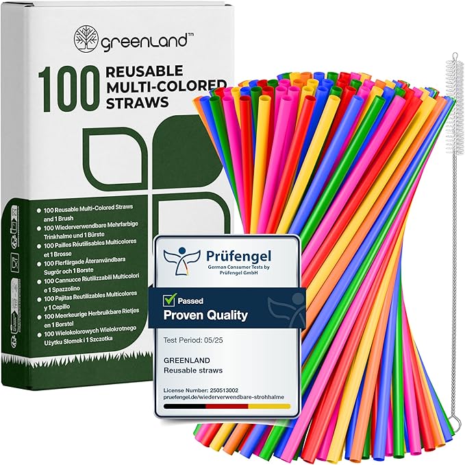 Greenland Pack of 100 Reusable Multi-Colored Straws with Brush - 21 cm Long, 6mm Wide - Perfect for Cocktails, Milk, Juice, Tea (Drinking Straws)