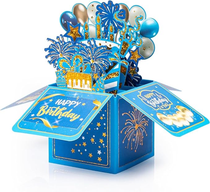 Sweet 3D Happy Birthday Pop Up Card with Envelopes Unique Handmade Foldable Celebration Cards Birthday Gifts for Daughter Son Mom Dad Friend Blue